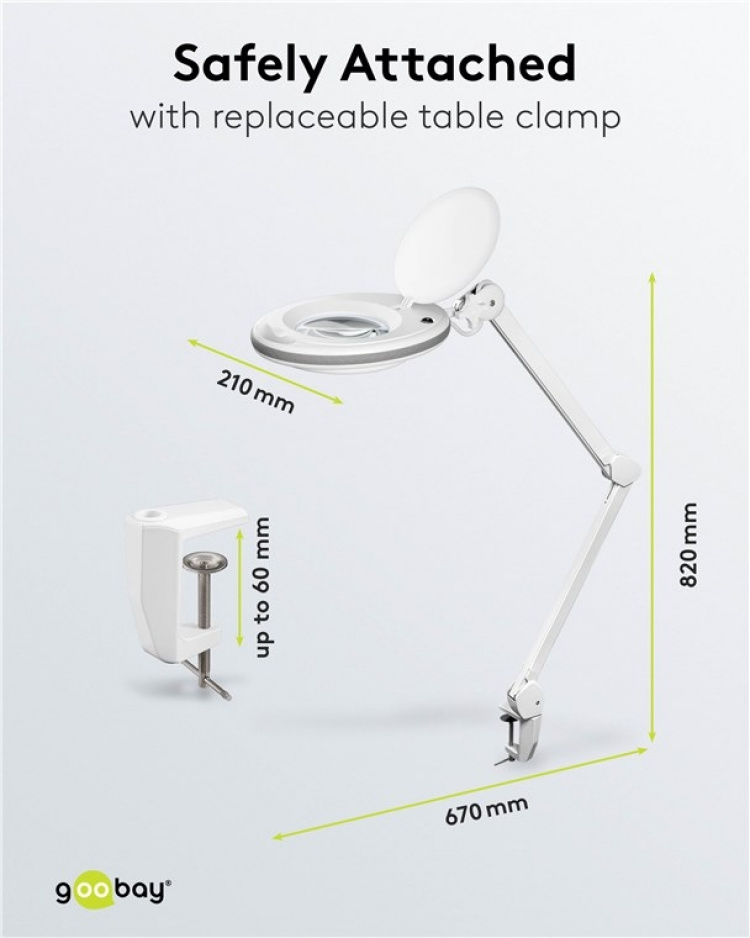 Goobay LED-förstoringslampa med klämma, 8 W, vit 650 lm, 127 mm kristallglaslins, 1,75x förstoring, 3 dioptrier