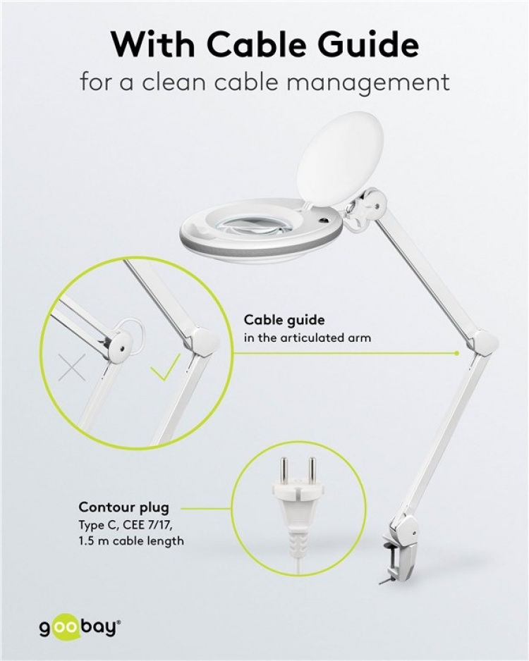 Goobay LED-förstoringslampa med klämma, 8 W, vit 650 lm, 127 mm kristallglaslins, 1,75x förstoring, 3 dioptrier
