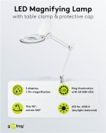 Goobay LED-förstoringslampa med klämma, 8 W, vit 650 lm, 127 mm glaslins, 1,75x förstoring, 3 dioptrier