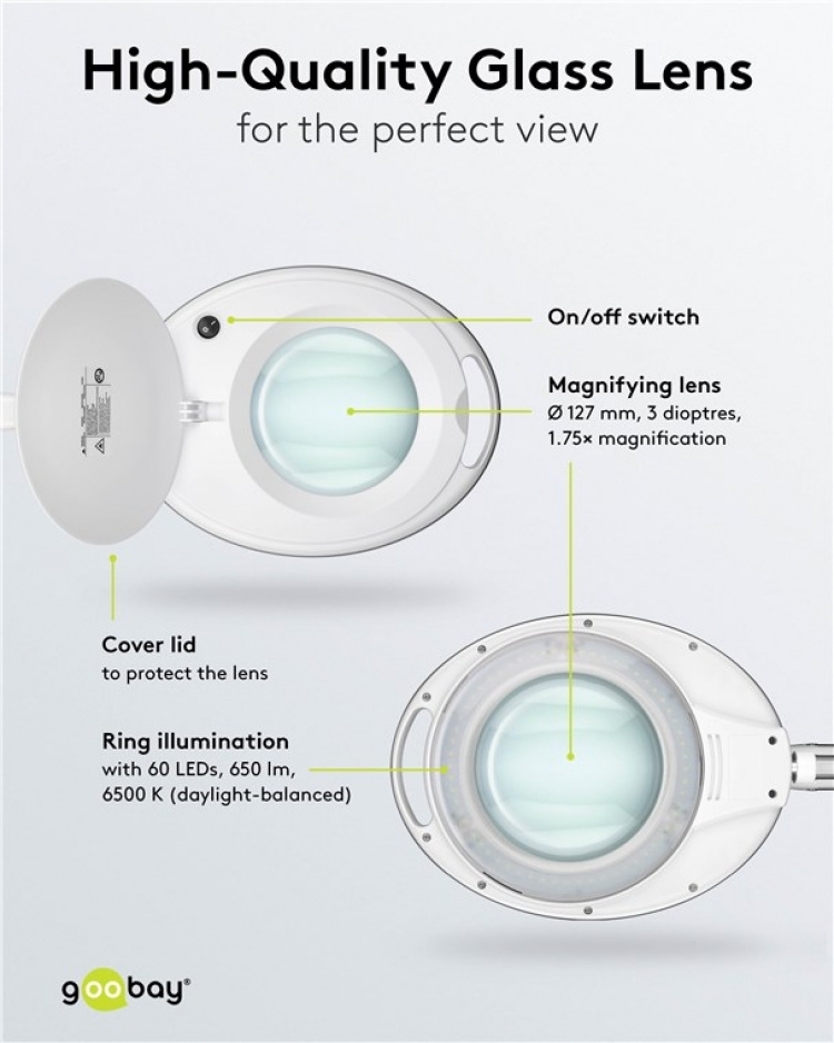 Goobay LED-förstoringslampa med klämma, 8 W, vit 650 lm, 127 mm glaslins, 1,75x förstoring, 3 dioptrier