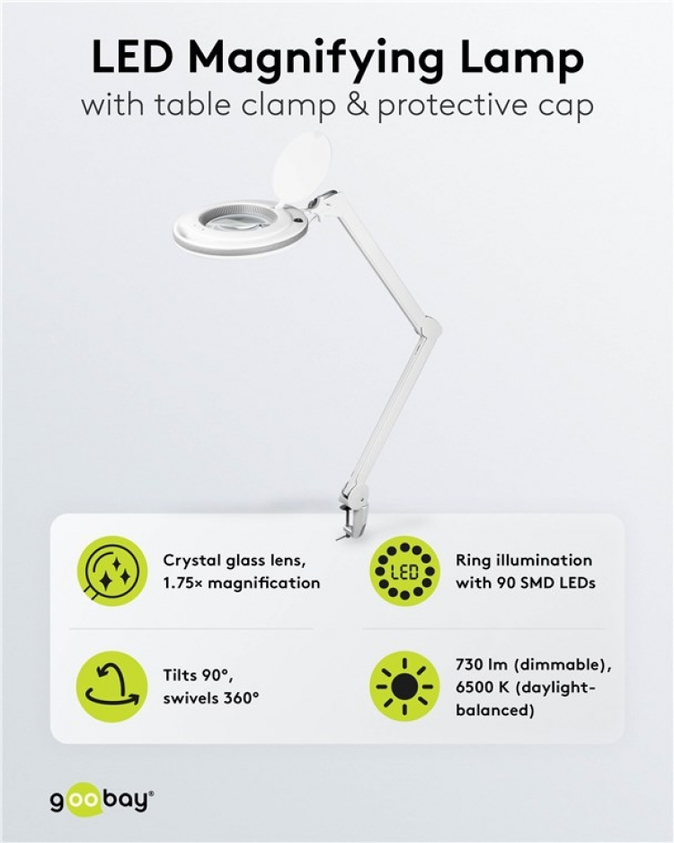 Goobay LED-förstoringslampa med klämma, 9 W, vit 80-730 lm, dimbar, 127 mm kristallglaslins, 1,75x förstoring, 3 dioptrier