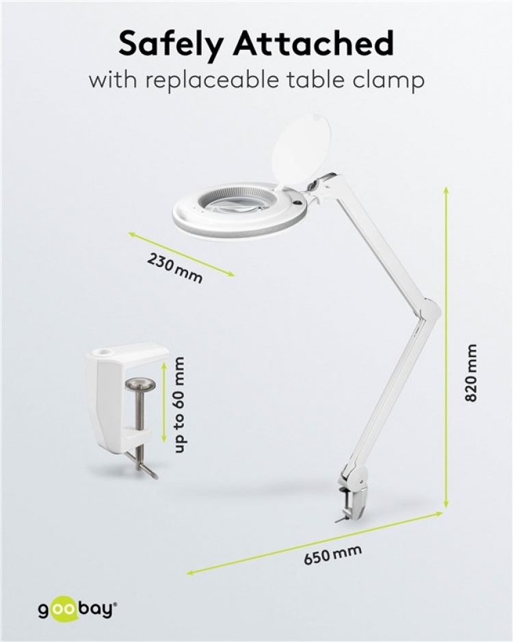 Goobay LED-förstoringslampa med klämma, 9 W, vit 80-730 lm, dimbar, 127 mm kristallglaslins, 1,75x förstoring, 3 dioptrier