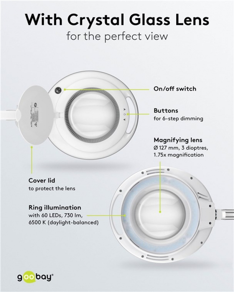 Goobay LED-förstoringslampa med klämma, 9 W, vit 80-730 lm, dimbar, 127 mm kristallglaslins, 1,75x förstoring, 3 dioptrier