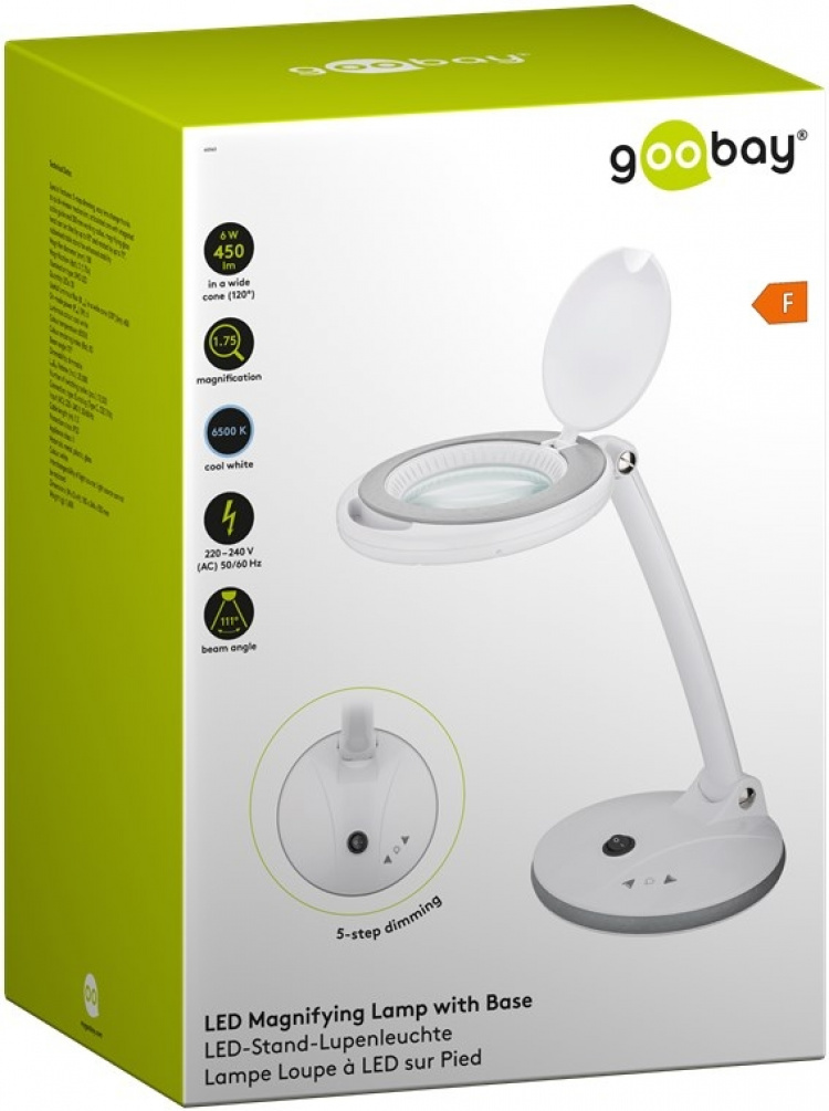Goobay LED-förstoringslampa med stativ, 6 W, vit 80-450 lm, dimbar, 100 mm glaslins, 1,75x förstoring, 3 dioptrier