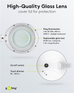 Goobay LED-förstoringslampa med stativ, 6 W, vit 80-450 lm, dimbar, 100 mm glaslins, 1,75x förstoring, 3 dioptrier