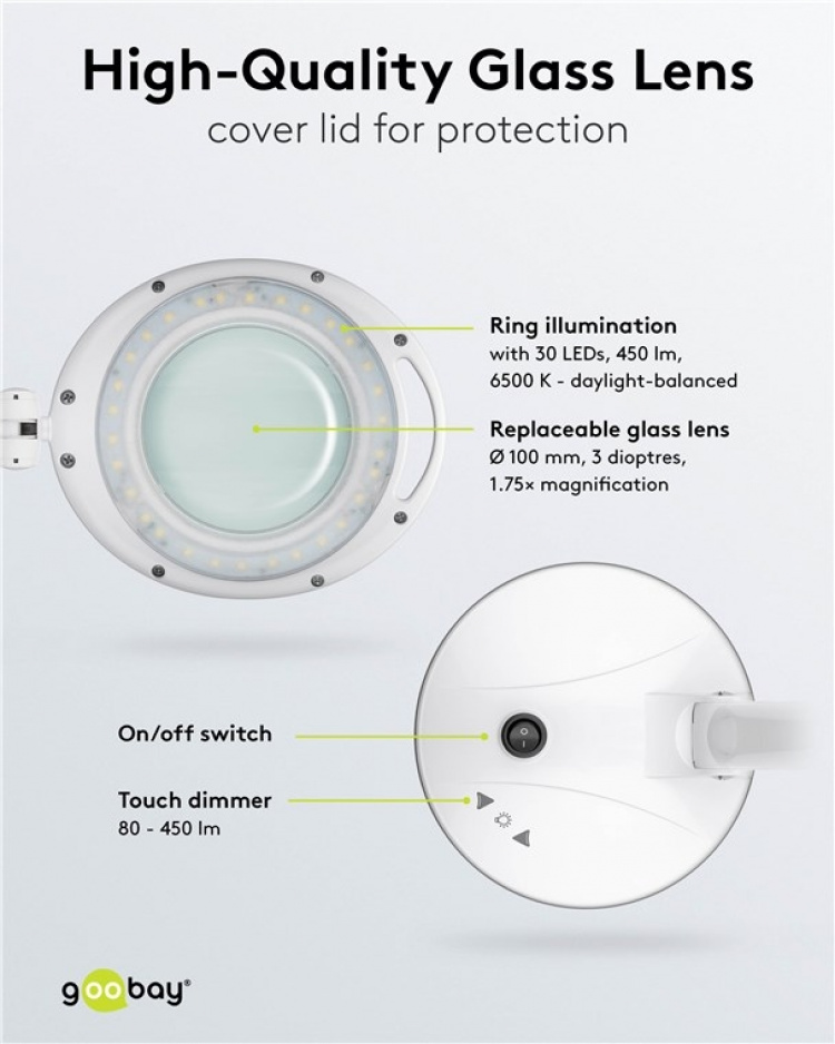 Goobay LED-förstoringslampa med stativ, 6 W, vit 80-450 lm, dimbar, 100 mm glaslins, 1,75x förstoring, 3 dioptrier
