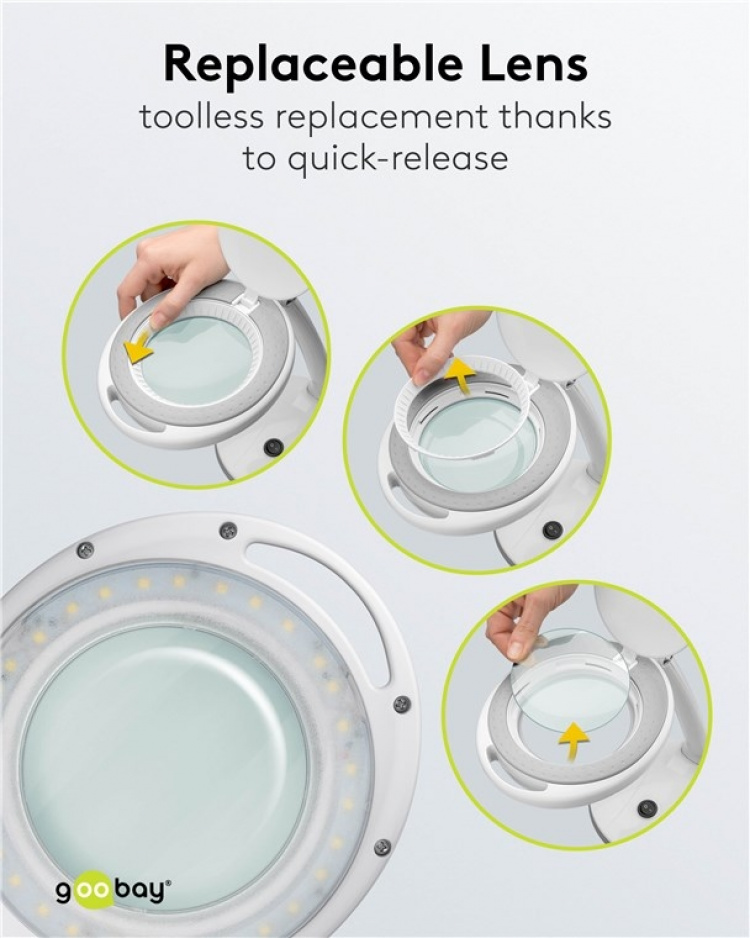 Goobay LED-förstoringslampa med stativ, 6 W, vit 80-450 lm, dimbar, 100 mm glaslins, 1,75x förstoring, 3 dioptrier