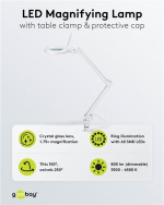 Goobay LED-förstoringslampa med klämma, 10 W, vit 800 lm, ljusstyrka och ljusfärg justerbar, 127 mm glaslins, 1,75x förstoring, 3 dioptrier