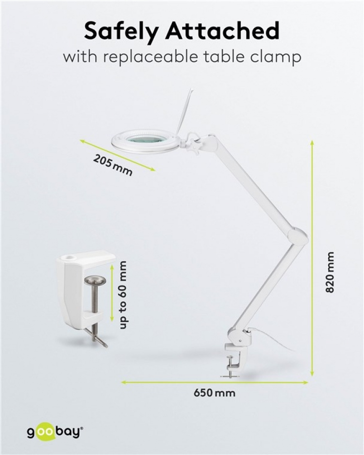 Goobay LED-förstoringslampa med klämma, 10 W, vit 800 lm, ljusstyrka och ljusfärg justerbar, 127 mm glaslins, 1,75x förstoring, 3 dioptrier