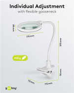 Goobay LED-förstoringslampa med klämma, 6 W, vit 480 lm, 100 mm glaslins, 1,75x förstoring, 3 dioptrier
