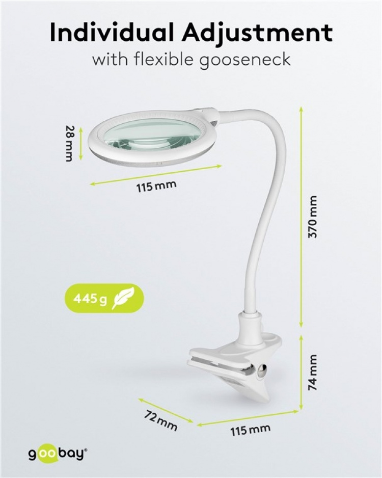 Goobay LED-förstoringslampa med klämma, 6 W, vit 480 lm, 100 mm glaslins, 1,75x förstoring, 3 dioptrier