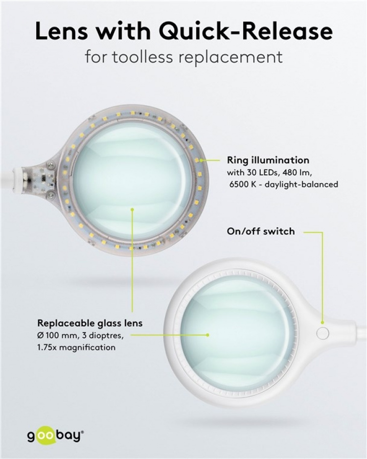 Goobay LED-förstoringslampa med klämma, 6 W, vit 480 lm, 100 mm glaslins, 1,75x förstoring, 3 dioptrier