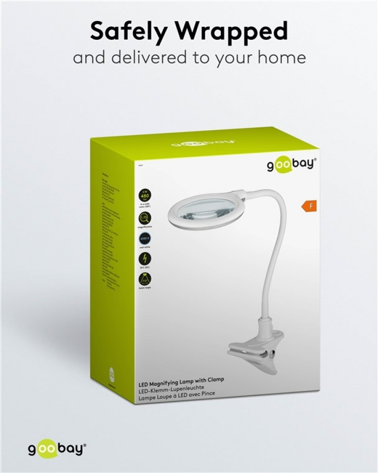 Goobay LED-förstoringslampa med klämma, 6 W, vit 480 lm, 100 mm glaslins, 1,75x förstoring, 3 dioptrier