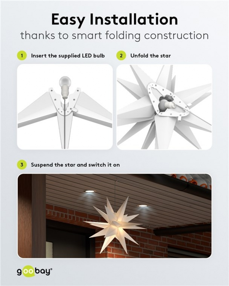 Goobay LED-julstjärna 3D, Ø 56 cm, 4,5 V utomhustransformator med timer och 18 spetsar, varmvitt (3000 K), av väderbeständig plast (IP44), kabel 9,5 m Goobay LED-julstjärna 3D, Ø 56 cm, 4,5 V utomhustransformator med timer och 18 spetsar, varmvitt (3000 K), av väderbeständig plast (IP44), kabel 9,5 m