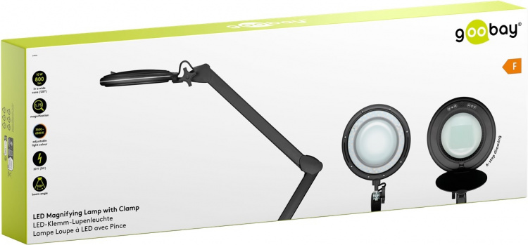 Goobay LED-förstoringslampa med klämma, 10 W, svart 800 lm, ljusstyrka och ljusfärg justerbar, 127 mm glaslins, 1,75x förstoring, 3 dioptrier