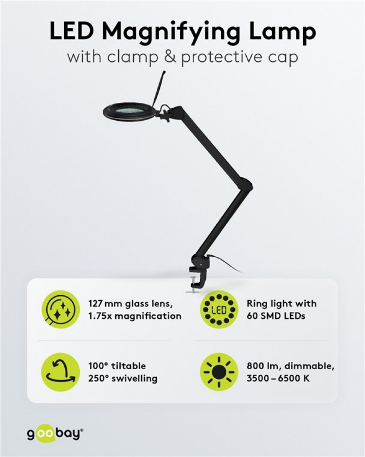 Goobay LED-förstoringslampa med klämma, 10 W, svart 800 lm, ljusstyrka och ljusfärg justerbar, 127 mm glaslins, 1,75x förstoring, 3 dioptrier