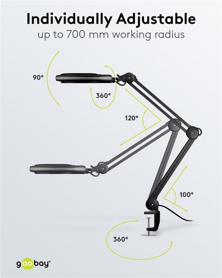 Goobay LED-förstoringslampa med klämma, 8 W, svart 650 lm, 127 mm glaslins, 1,75x förstoring, 3 dioptrier Goobay LED-förstoringslampa med klämma, 8 W, svart 650 lm, 127 mm glaslins, 1,75x förstoring, 3 dioptrier