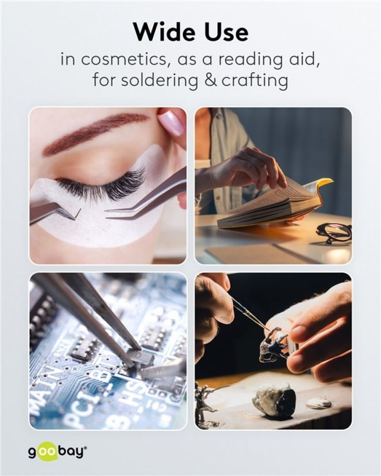 Goobay LED-förstoringslampa med klämma, 8 W, svart 650 lm, 127 mm glaslins, 1,75x förstoring, 3 dioptrier Goobay LED-förstoringslampa med klämma, 8 W, svart 650 lm, 127 mm glaslins, 1,75x förstoring, 3 dioptrier