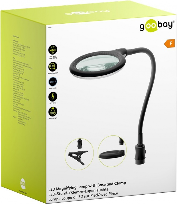 Goobay LED-förstoringslampa med stativ/klämma, 6 W, svart 480 lm, 100 mm glaslins, 1,75x förstoring, 3 dioptrier
