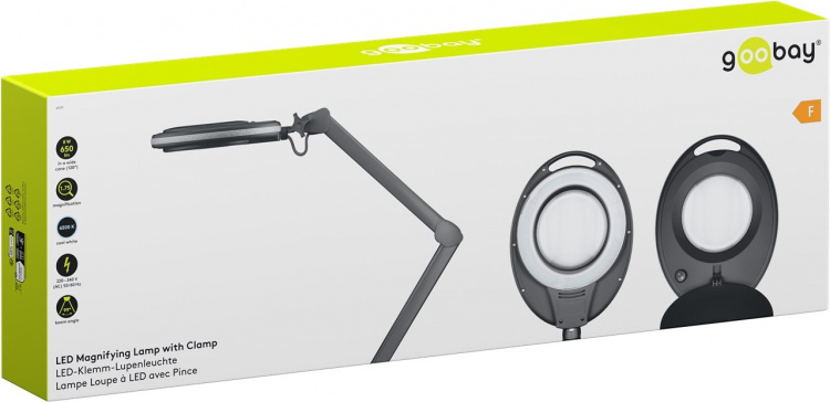 Goobay LED-förstoringslampa med klämma, 8 W, svart 650 lm, 127 mm kristallglaslins, 1,75x förstoring, 3 dioptrier Goobay LED-förstoringslampa med klämma, 8 W, svart 650 lm, 127 mm kristallglaslins, 1,75x förstoring, 3 dioptrier
