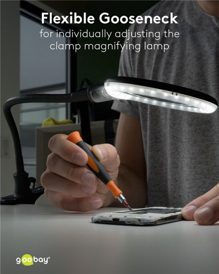 Goobay LED-förstoringslampa med klämma, 6 W, svart 480 lm, 100 mm glaslins, 1,75x förstoring, 3 dioptrier Goobay LED-förstoringslampa med klämma, 6 W, svart 480 lm, 100 mm glaslins, 1,75x förstoring, 3 dioptrier