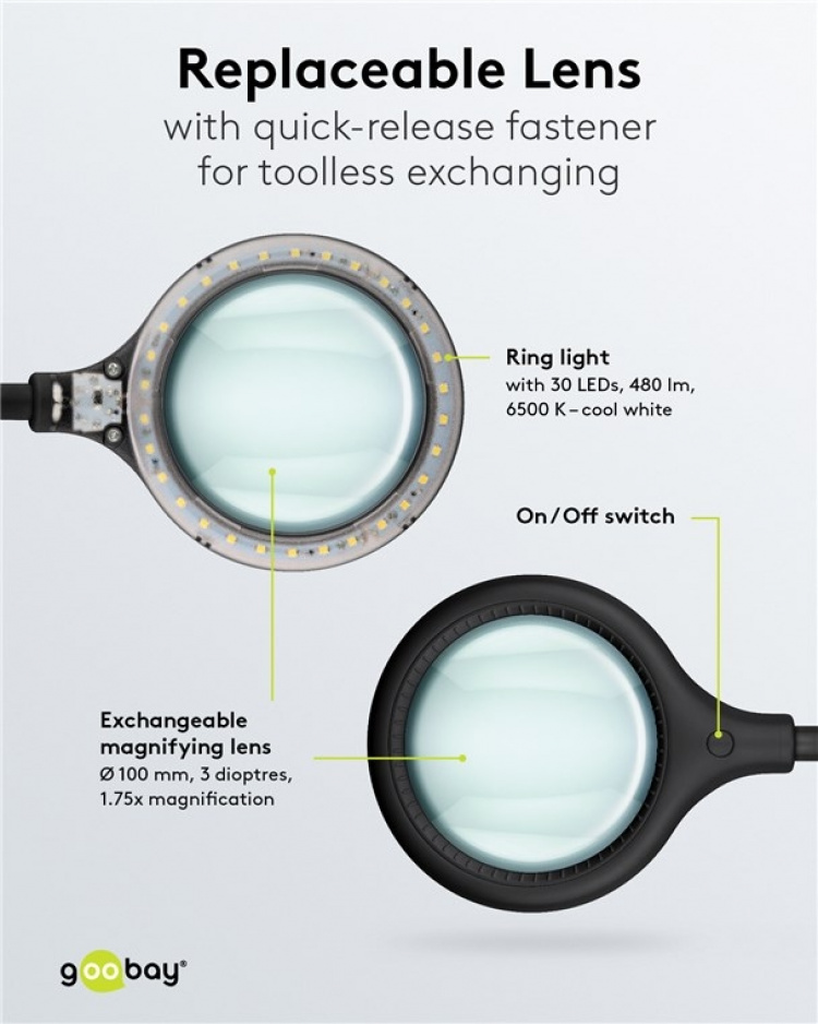 Goobay LED-förstoringslampa med klämma, 6 W, svart 480 lm, 100 mm glaslins, 1,75x förstoring, 3 dioptrier Goobay LED-förstoringslampa med klämma, 6 W, svart 480 lm, 100 mm glaslins, 1,75x förstoring, 3 dioptrier