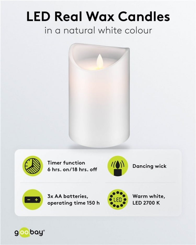 Goobay LED-ljus av äkta vax, vitt, 10x15 cm vacker och säker ljuslösning för många områden som hem och loggia, kontor eller skolor
