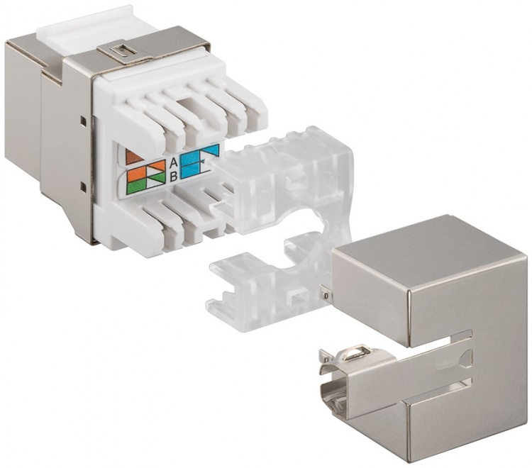 Goobay Keystone-modul RJ45 CAT 6, STP, 250 MHz 17,4 mm bred, klämlist för IDC-montering (verktygsfri), 90° vinklad utgång