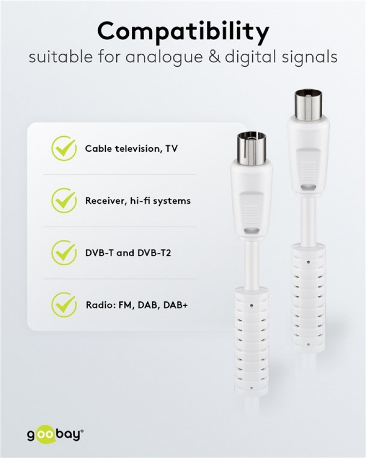 Goobay Antennkabel med ferrit (80 dB), dubbelskärmad koaxial-plugg > koaxial-plugg (helt skärmad) Goobay Antennkabel med ferrit (80 dB), dubbelskärmad koaxial-plugg > koaxial-plugg (helt skärmad)