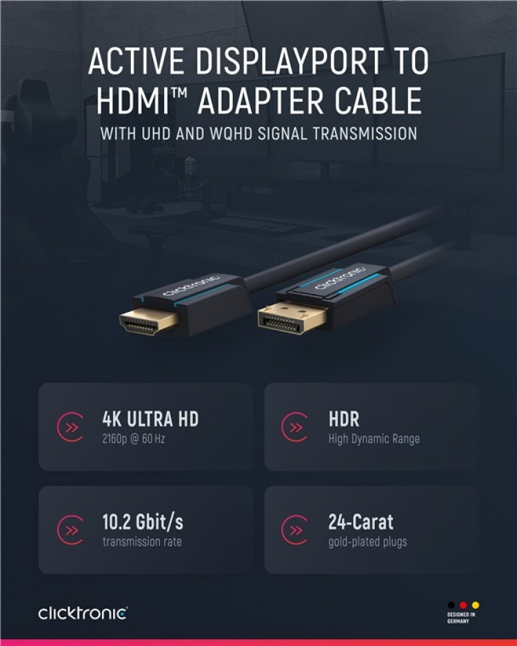 ClickTronic Adapterkabel för aktiv DisplayPort™ till HDMI™ (4K/60Hz) Premiumkabel | 1x DisplayPort™-kontakt >> 1x HDMI™-kontakt | 2,0 m | 4K @ 60 Hz