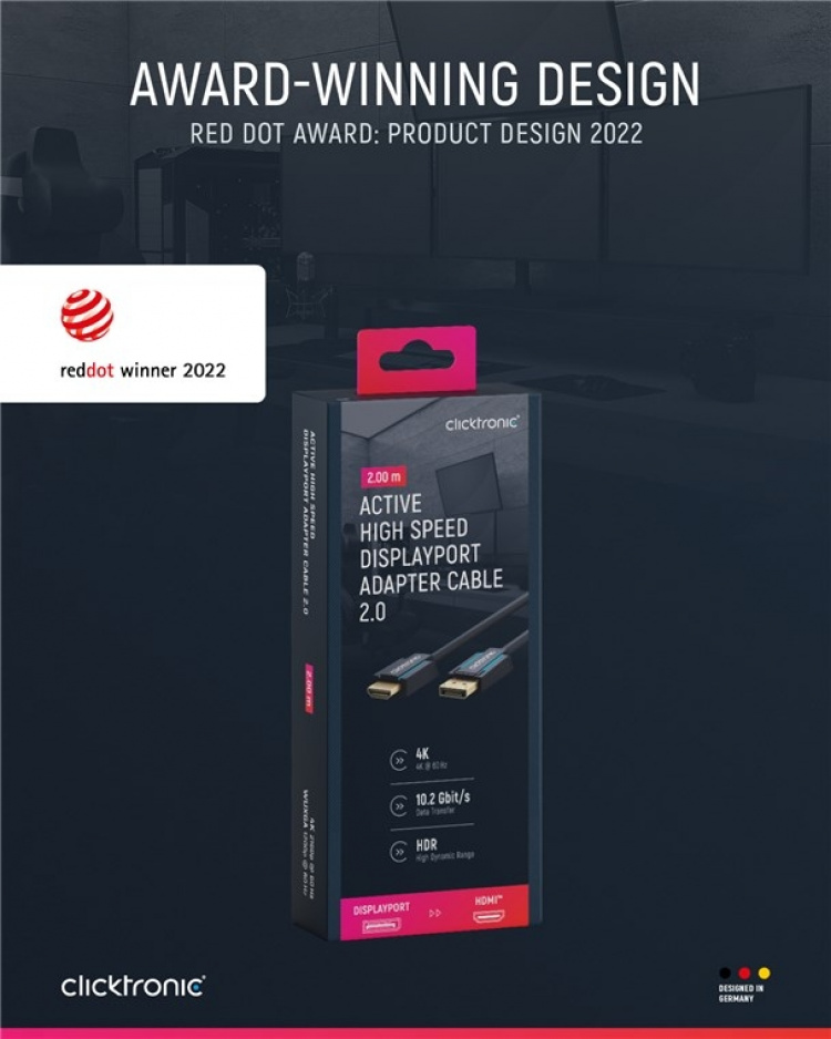 ClickTronic Adapterkabel för aktiv DisplayPort™ till HDMI™ (4K/60Hz) Premiumkabel | 1x DisplayPort™-kontakt >> 1x HDMI™-kontakt | 2,0 m | 4K @ 60 Hz