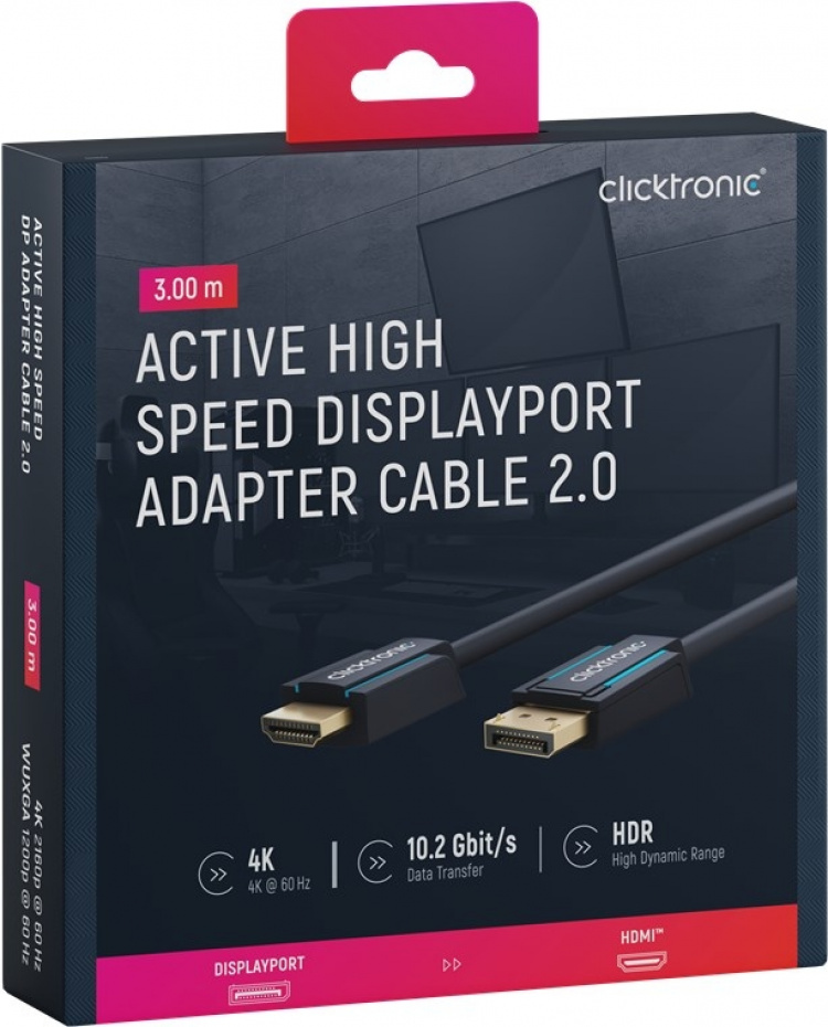 ClickTronic Adapterkabel för aktiv DisplayPort™ till HDMI™ (4K/60Hz) Premiumkabel | 1x DisplayPort™-kontakt >> 1x HDMI™-kontakt | 3,0 m | 4K @ 60 Hz