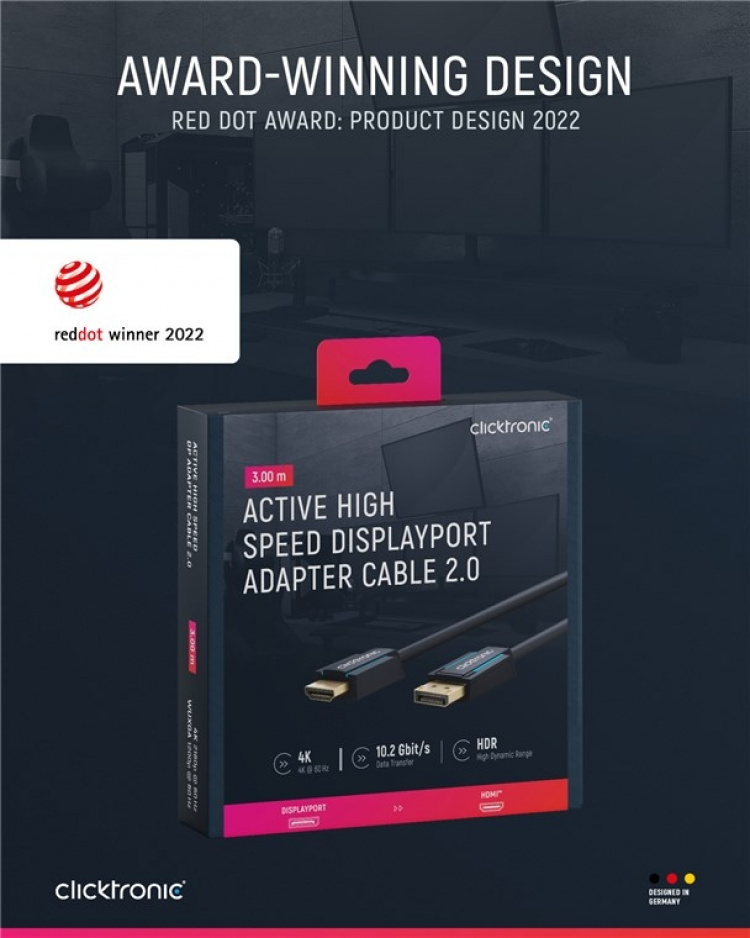 ClickTronic Adapterkabel för aktiv DisplayPort™ till HDMI™ (4K/60Hz) Premiumkabel | 1x DisplayPort™-kontakt >> 1x HDMI™-kontakt | 3,0 m | 4K @ 60 Hz