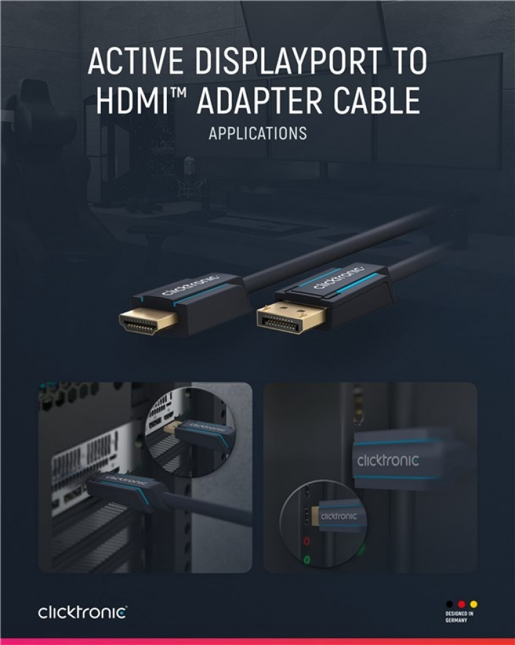 ClickTronic Adapterkabel för aktiv DisplayPort™ till HDMI™ (4K/60Hz) Premiumkabel | 1x DisplayPort™-kontakt >> 1x HDMI™-kontakt | 5,0 m | 4K @ 60 Hz
