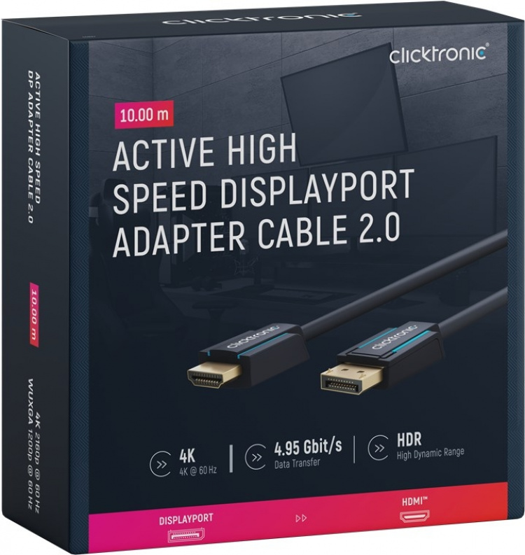 ClickTronic Adapterkabel för aktiv DisplayPort™ till HDMI™ (4K/60Hz) Premiumkabel | 1x DisplayPort™-kontakt >> 1x HDMI™-kontakt | 10,0 m | 4K @ 60 Hz ClickTronic Adapterkabel för aktiv DisplayPort™ till HDMI™ (4K/60Hz) Premiumkabel | 1x DisplayPort™-kontakt >> 1x HDMI™-kontakt | 10,0 m | 4K @ 60 Hz
