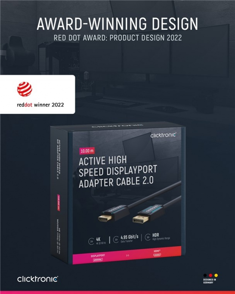 ClickTronic Adapterkabel för aktiv DisplayPort™ till HDMI™ (4K/60Hz) Premiumkabel | 1x DisplayPort™-kontakt >> 1x HDMI™-kontakt | 10,0 m | 4K @ 60 Hz ClickTronic Adapterkabel för aktiv DisplayPort™ till HDMI™ (4K/60Hz) Premiumkabel | 1x DisplayPort™-kontakt >> 1x HDMI™-kontakt | 10,0 m | 4K @ 60 Hz