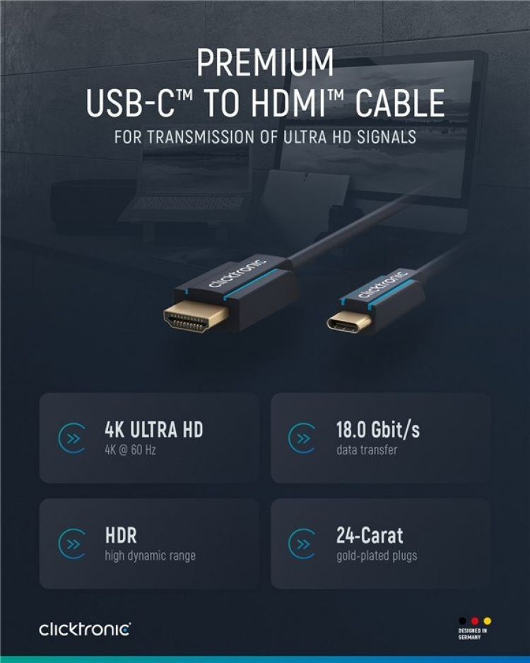 ClickTronic Adapterkabel från USB-C™ till HDMI™ Premiumkabel | USB-C™-kontakt HDMI™-kontakt | 3,0 m | 4K @ 60 Hz ClickTronic Adapterkabel från USB-C™ till HDMI™ Premiumkabel | USB-C™-kontakt HDMI™-kontakt | 3,0 m | 4K @ 60 Hz