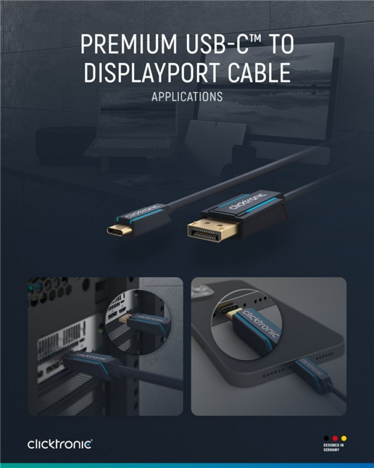 ClickTronic Adapterkabel från USB-C™ till DisplayPort™ Premiumkabel | USB-C™-kontakt DisplayPort™-kontakt | 1,0 m | 4K @ 60 Hz ClickTronic Adapterkabel från USB-C™ till DisplayPort™ Premiumkabel | USB-C™-kontakt DisplayPort™-kontakt | 1,0 m | 4K @ 60 Hz