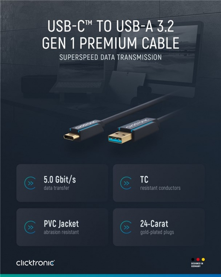 ClickTronic Adapterkabel från USB-C™ till USB-A 3.2 Gen 1 Premiumkabel | USB-C™-kontakt USB-A 3.0-kontakt | 0,5 m | 5 Gbit/s
