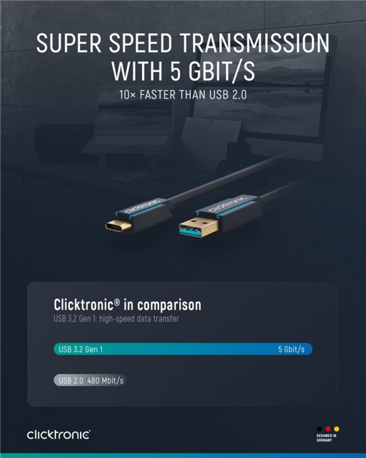 ClickTronic Adapterkabel från USB-C™ till USB-A 3.2 Gen 1 Premiumkabel | USB-C™-kontakt USB-A 3.0-kontakt | 0,5 m | 5 Gbit/s