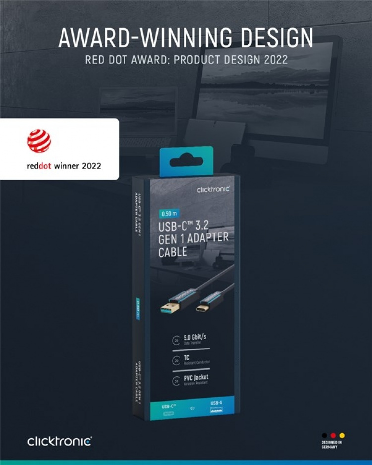 ClickTronic Adapterkabel från USB-C™ till USB-A 3.2 Gen 1 Premiumkabel | USB-C™-kontakt USB-A 3.0-kontakt | 0,5 m | 5 Gbit/s