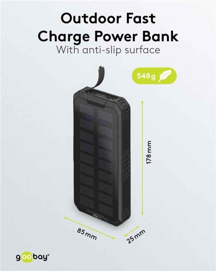 Goobay Utomhus snabbladdning Powerbank med solceller 20.000 mAh (USB-C™ PD, QC 3.0) Robust allround strömförsörjning för utomhusbruk