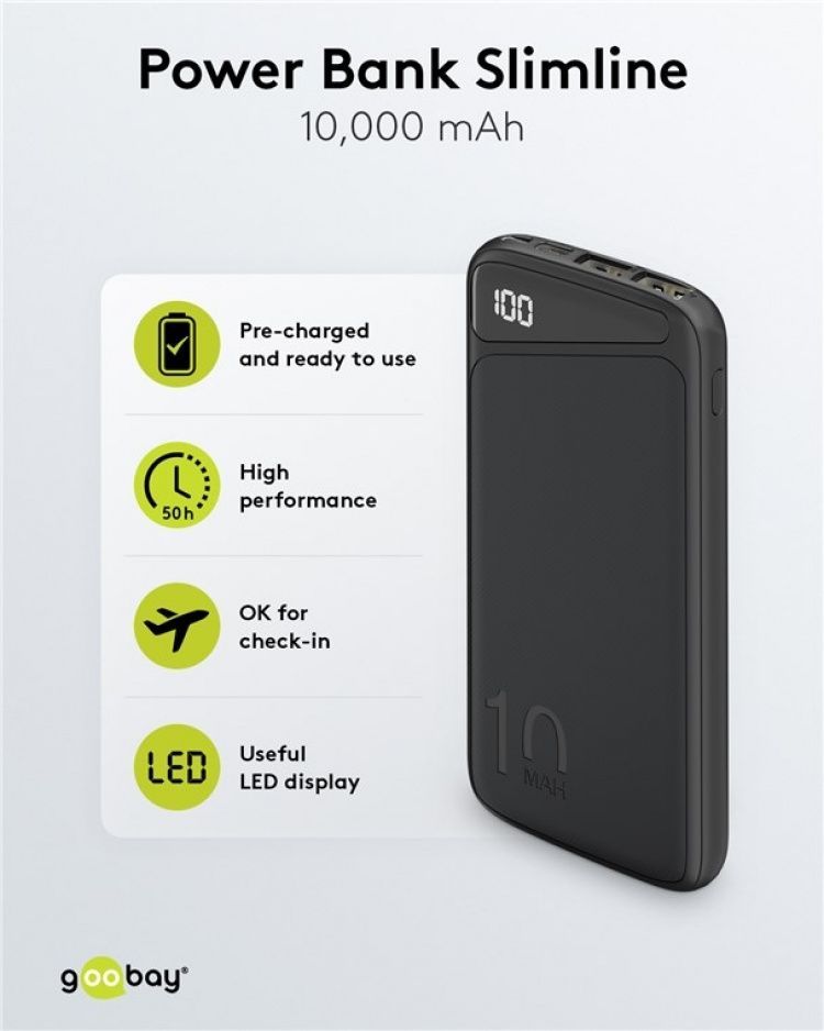 Goobay Powerbank Slimline 10.000 mAh Kraftfulla 10.000 mAh med statusdisplay