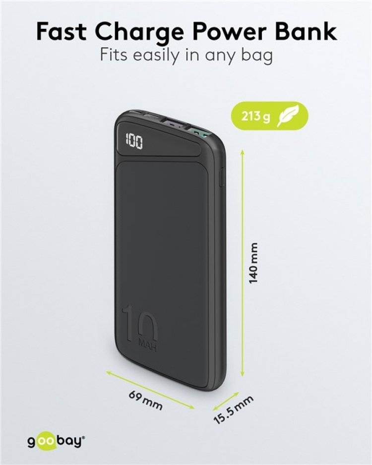 Goobay Snabbladdning Powerbank 10.000 mAh (USB-C™ PD, QC 3.0) Kraftfull powerbank med statusdisplay, kompatibel med Quick Charge Goobay Snabbladdning Powerbank 10.000 mAh (USB-C™ PD, QC 3.0) Kraftfull powerbank med statusdisplay, kompatibel med Quick Charge