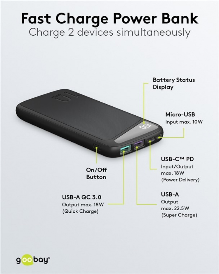 Goobay Snabbladdning Powerbank 10.000 mAh (USB-C™ PD, QC 3.0) Kraftfull powerbank med statusdisplay, kompatibel med Quick Charge Goobay Snabbladdning Powerbank 10.000 mAh (USB-C™ PD, QC 3.0) Kraftfull powerbank med statusdisplay, kompatibel med Quick Charge