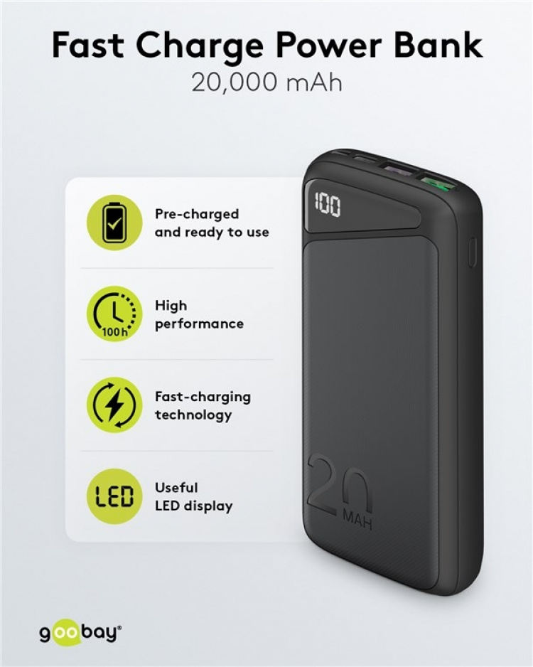 Goobay Snabbladdning Powerbank 20.000 mAh (USB-C™ PD, QC 3.0) Kraftfull powerbank med statusdisplay, kompatibel med Quick Charge Goobay Snabbladdning Powerbank 20.000 mAh (USB-C™ PD, QC 3.0) Kraftfull powerbank med statusdisplay, kompatibel med Quick Charge