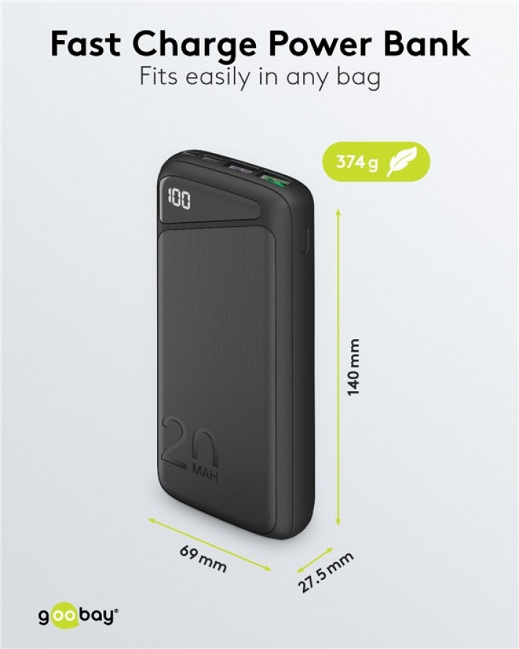 Goobay Snabbladdning Powerbank 20.000 mAh (USB-C™ PD, QC 3.0) Kraftfull powerbank med statusdisplay, kompatibel med Quick Charge Goobay Snabbladdning Powerbank 20.000 mAh (USB-C™ PD, QC 3.0) Kraftfull powerbank med statusdisplay, kompatibel med Quick Charge