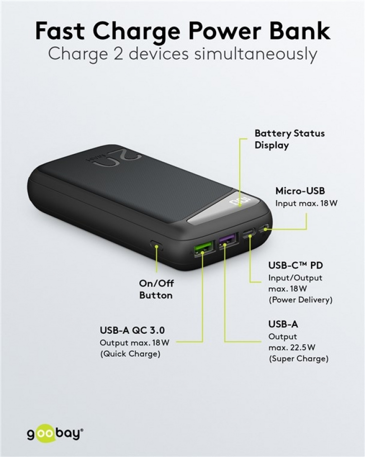 Goobay Snabbladdning Powerbank 20.000 mAh (USB-C™ PD, QC 3.0) Kraftfull powerbank med statusdisplay, kompatibel med Quick Charge Goobay Snabbladdning Powerbank 20.000 mAh (USB-C™ PD, QC 3.0) Kraftfull powerbank med statusdisplay, kompatibel med Quick Charge