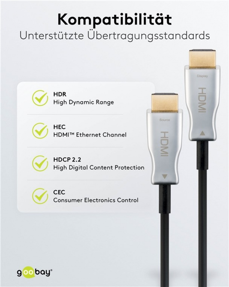 Goobay Optisk hybrid HDMI™-kabel med hög hastighet och Ethernet (AOC) Höghastighetskabel, 4K @ 60 Hz, för långa överföringsavstånd, 80 m Goobay Optisk hybrid HDMI™-kabel med hög hastighet och Ethernet (AOC) Höghastighetskabel, 4K @ 60 Hz, för långa överföringsavstånd, 80 m