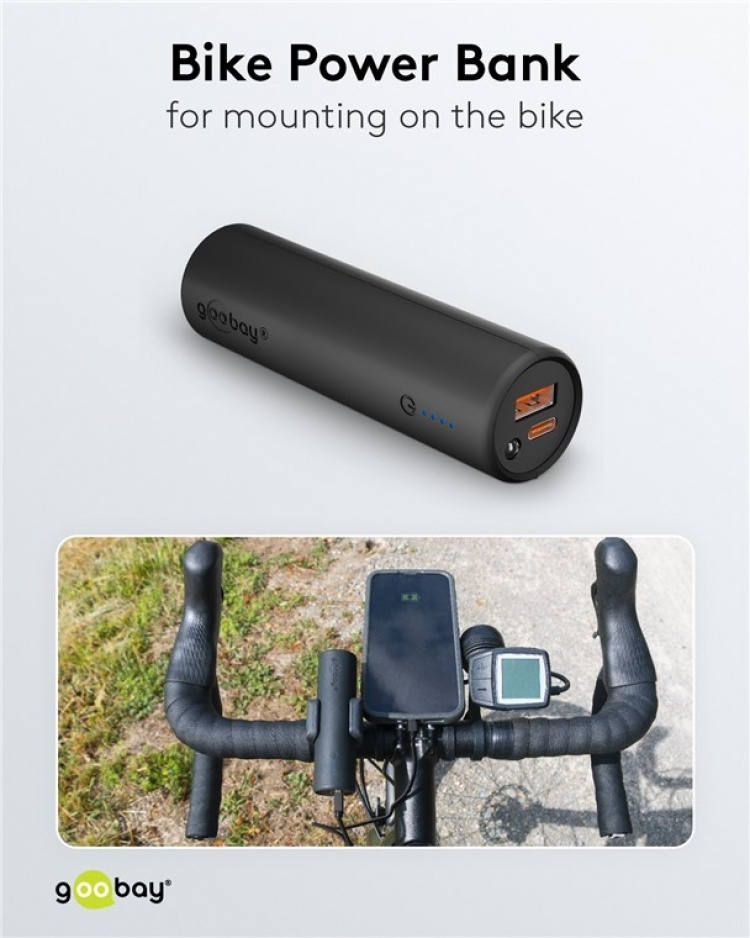 Goobay Bike powerbank 5.0 (5 000 mAh) liten, tunn och praktisk powerbank med en kapacitet på 5.000 mAh för montering på cykeln